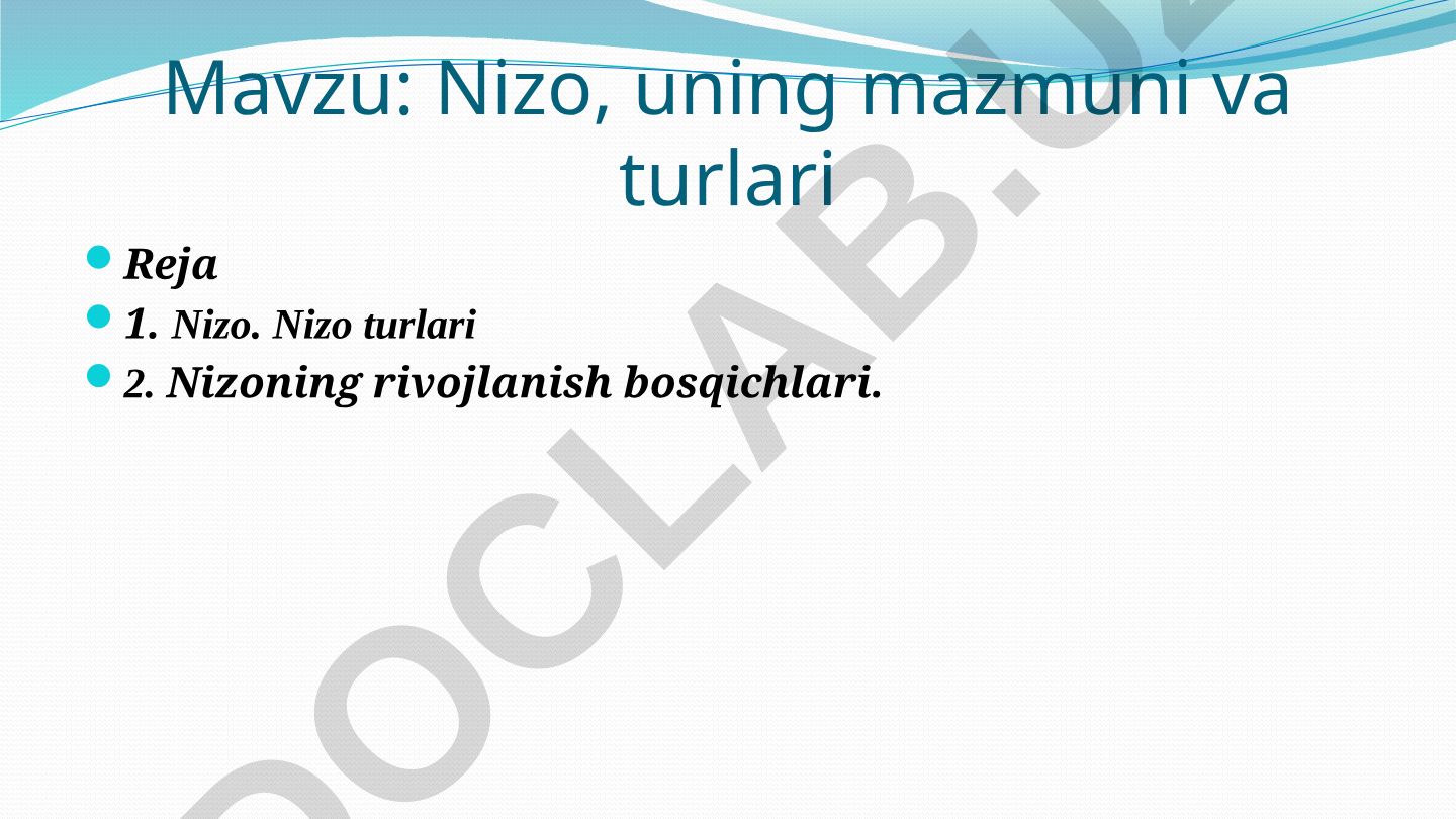 Nizo, uning mazmuni va turlari
