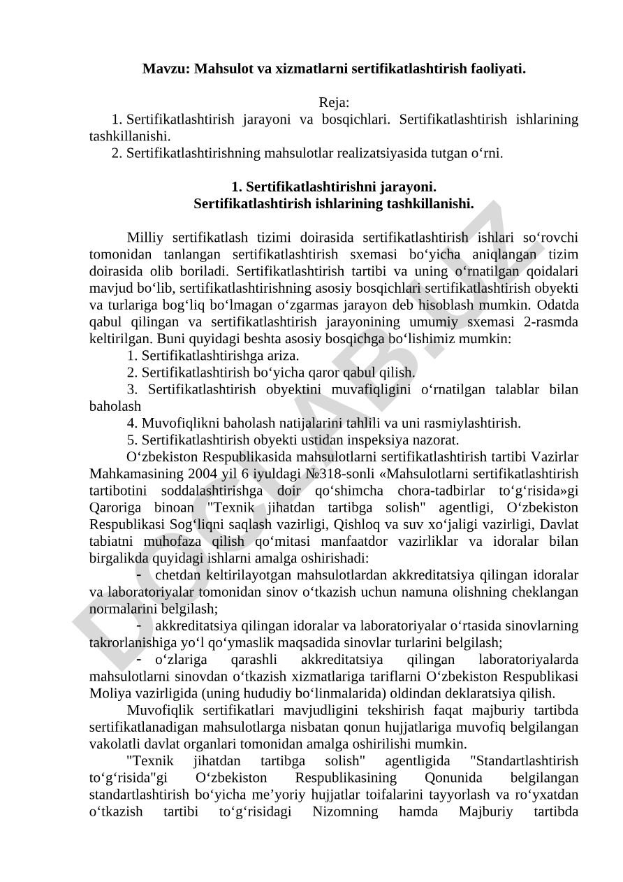 Mahsulot va xizmatlarni sertifikatlashtirish faoliyati