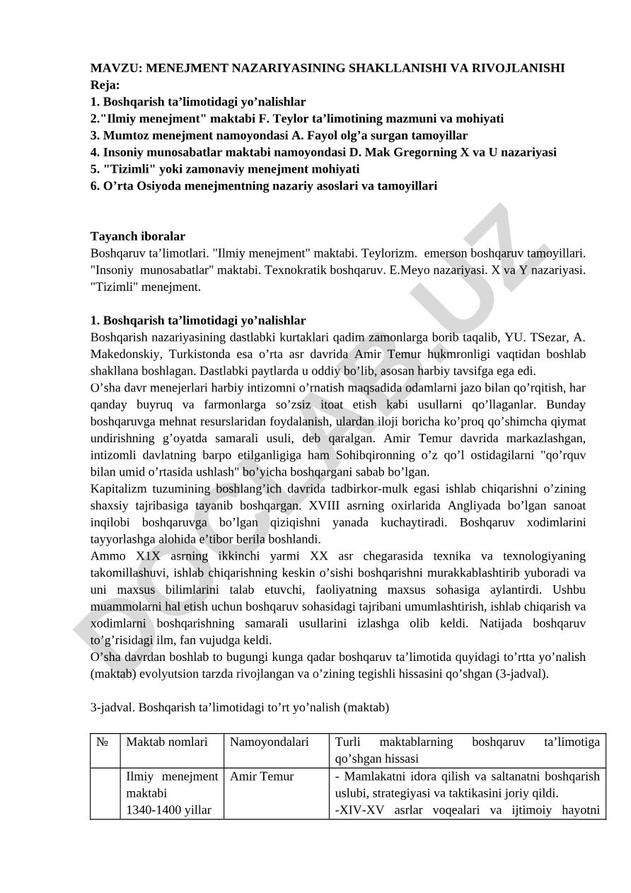 Menejment nazariyasining shakllanishi va rivojlanishi