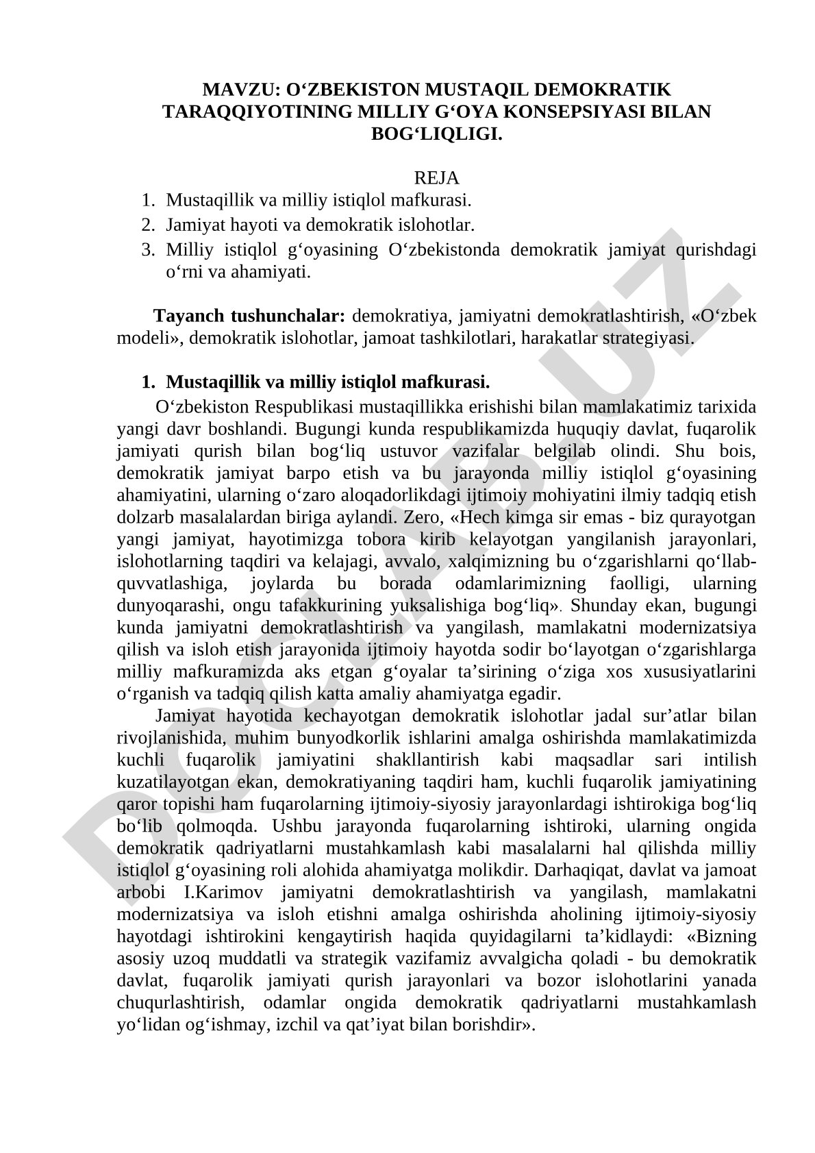 O‘zbekiston mustaqil demokratik taraqqiyotining milliy g‘oya konsepsiyasi bilan bog‘liqligi