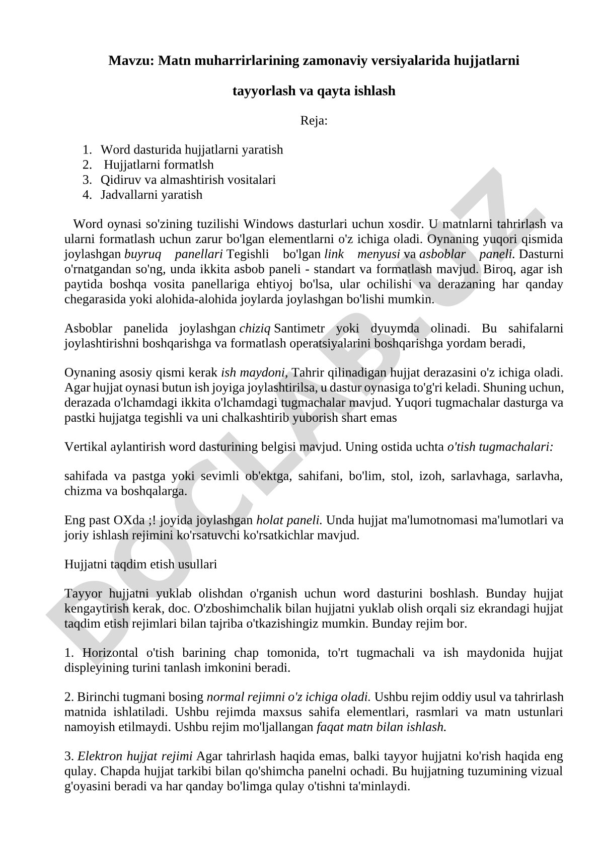 Matn muharrirlarining zamonaviy versiyalarida hujjatlarni tayyorlash va qayta ishlash