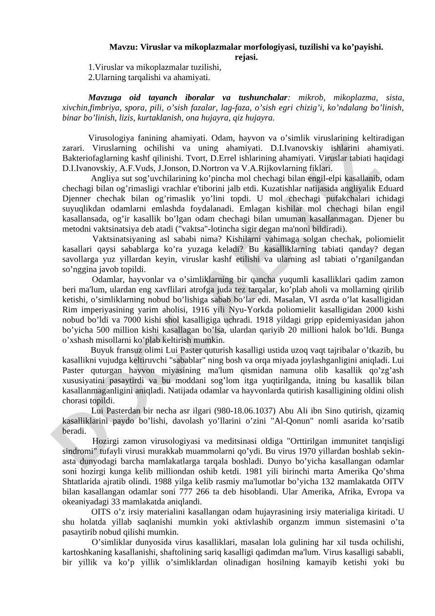 Viruslar va mikoplazmalar morfologiyasi, tuzilishi va ko’payishi