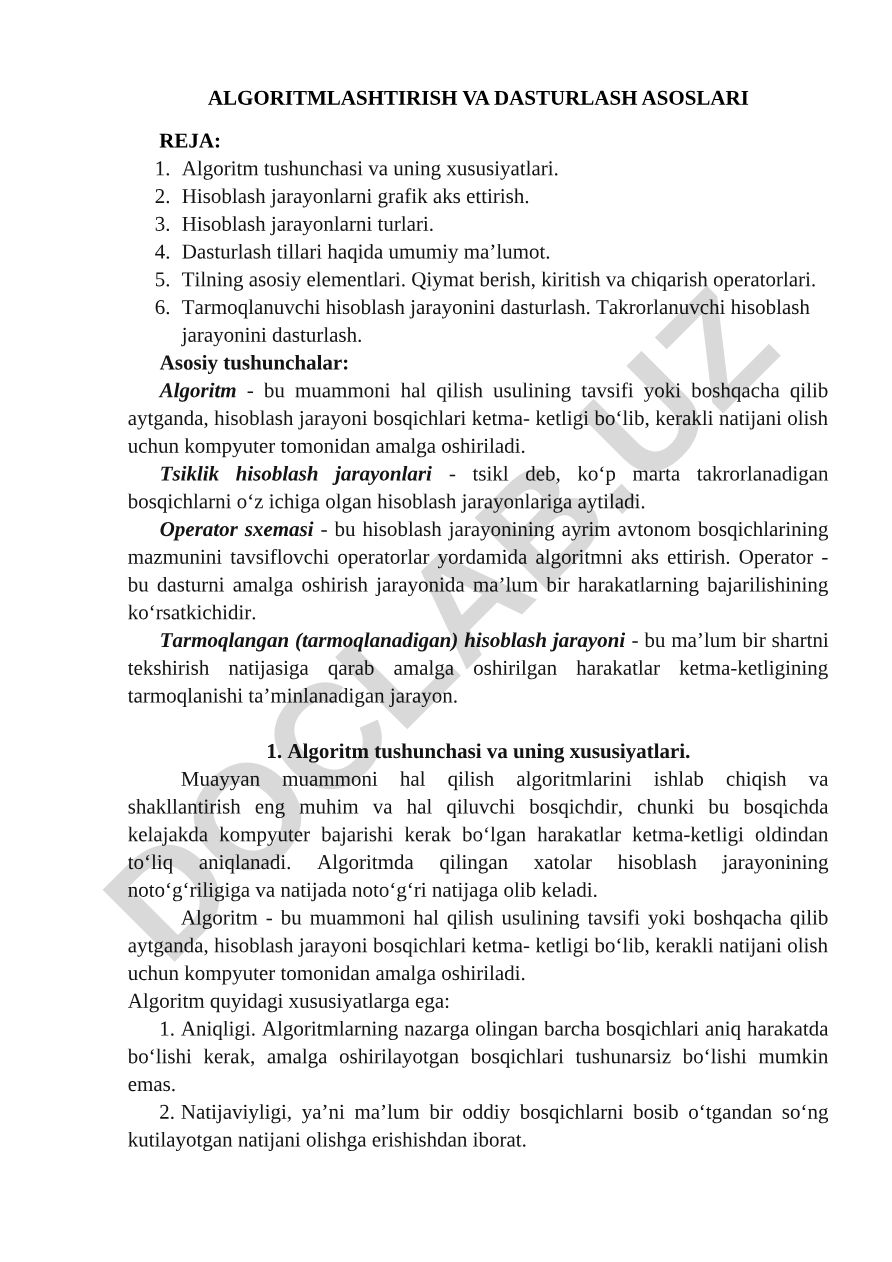 Algoritmlashtirish va dasturlash asoslari
