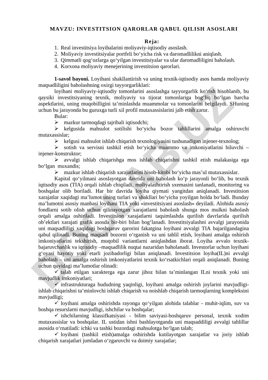 INVESTITSION QARORLAR QABUL QILISH ASOSLARI
