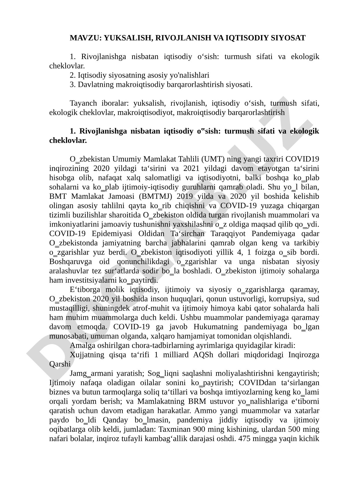YUKSALISH, RIVOJLANISH VA IQTISODIY SIYOSAT