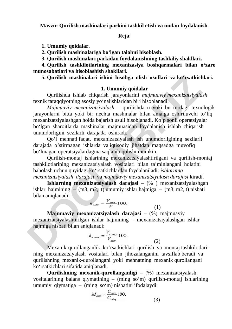 Qurilish mashinalari parkini tashkil etish va undan foydalanish