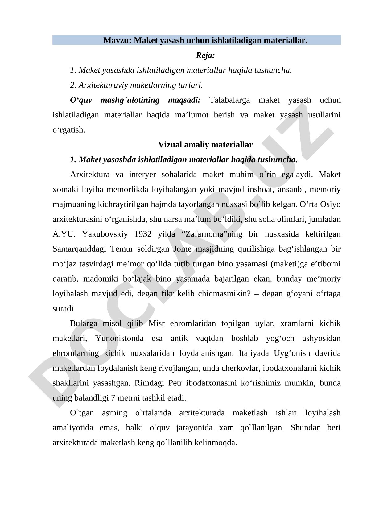 Maket yasash uchun ishlatiladigan materiallar