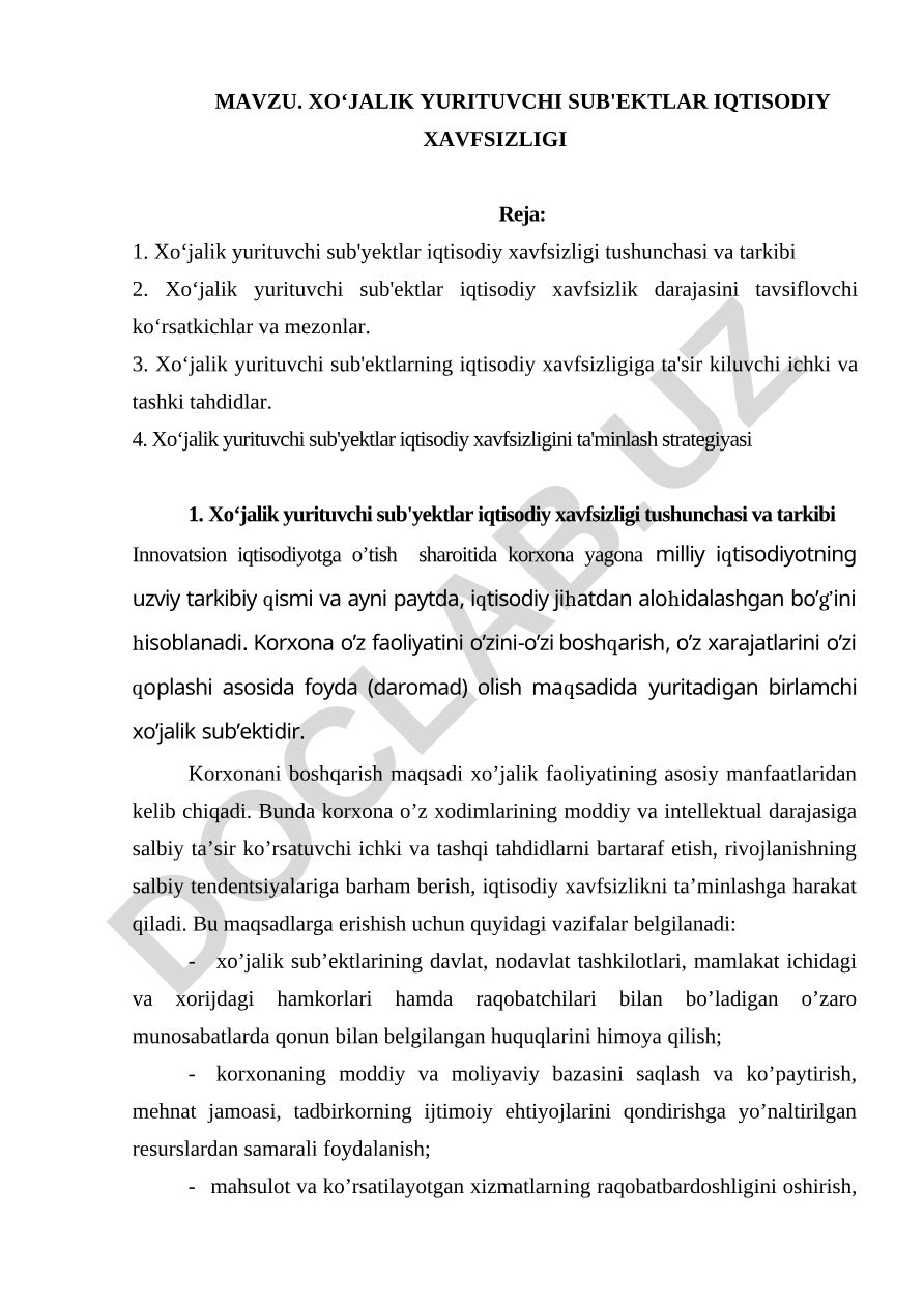 Xo‘jalik yurituvchi sub'yektlar iqtisodiy xavfsizligi