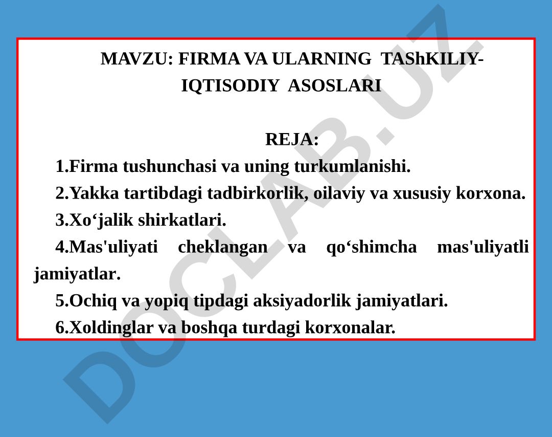 Firma va ularning tashkiliy-iqtisodiy asoslari
