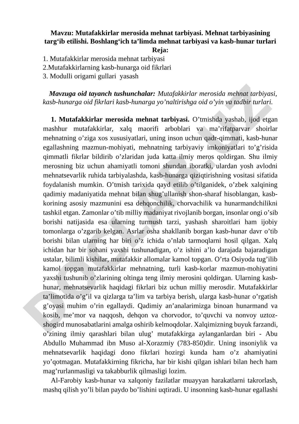 Mutafakkirlar merosida mehnat tarbiyasi. Mehnat tarbiyasining targ‘ib etilishi. Boshlang‘ich ta’limda mehnat tarbiyasi va kasb-hunar turlari
