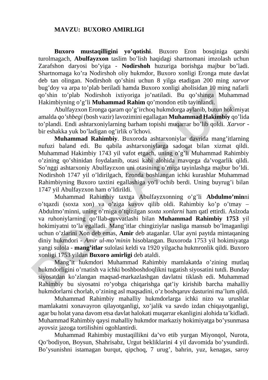 BUXORO AMIRLIGI Buxoro mustaqilligini yo’qotishi