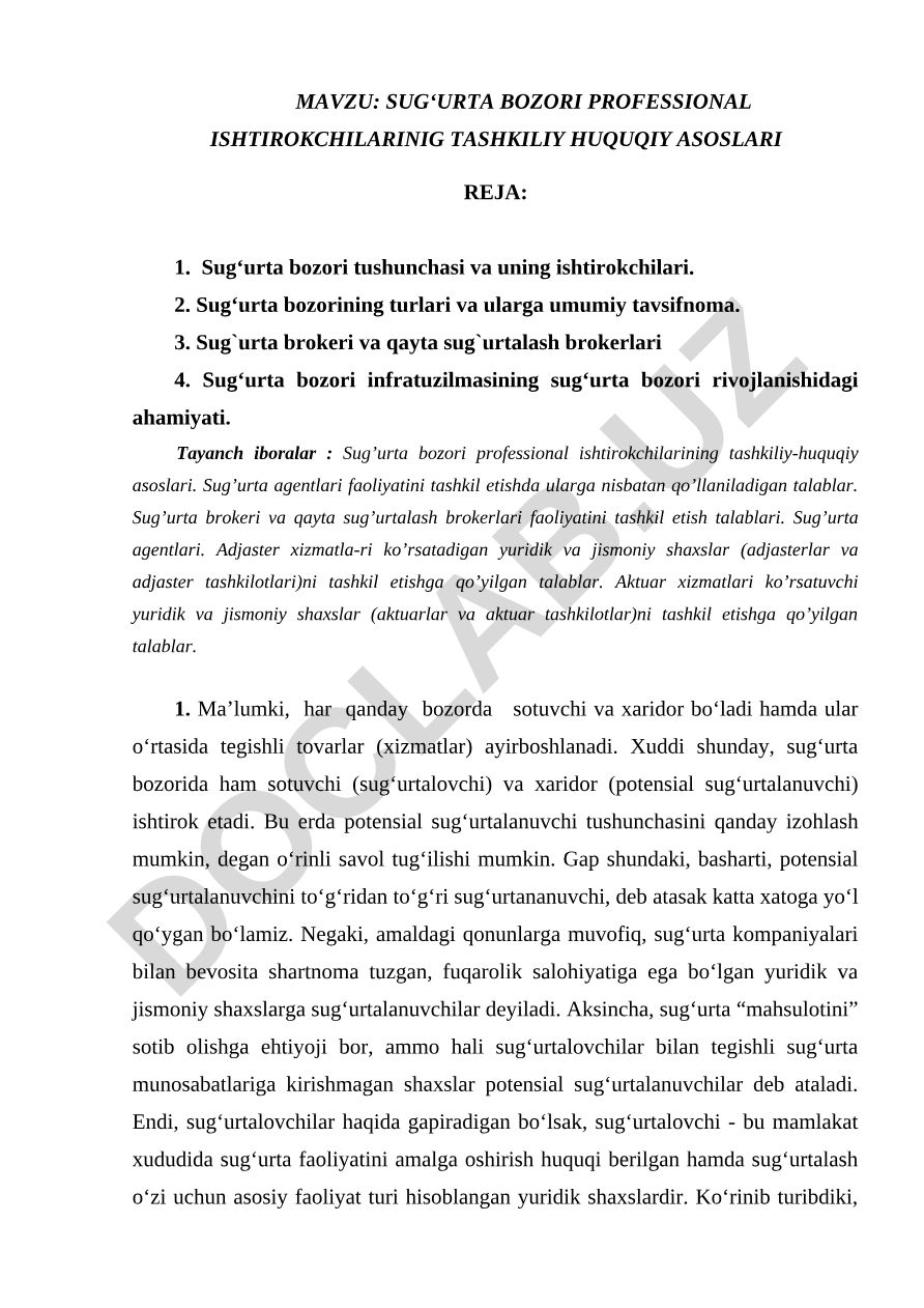 Sug‘urta bozori professional ishtirokchilarining tashkiliy-huquqiy asoslari
