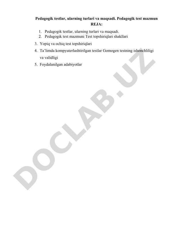 Pedagogik testlar, ularning turlari va maqsadi