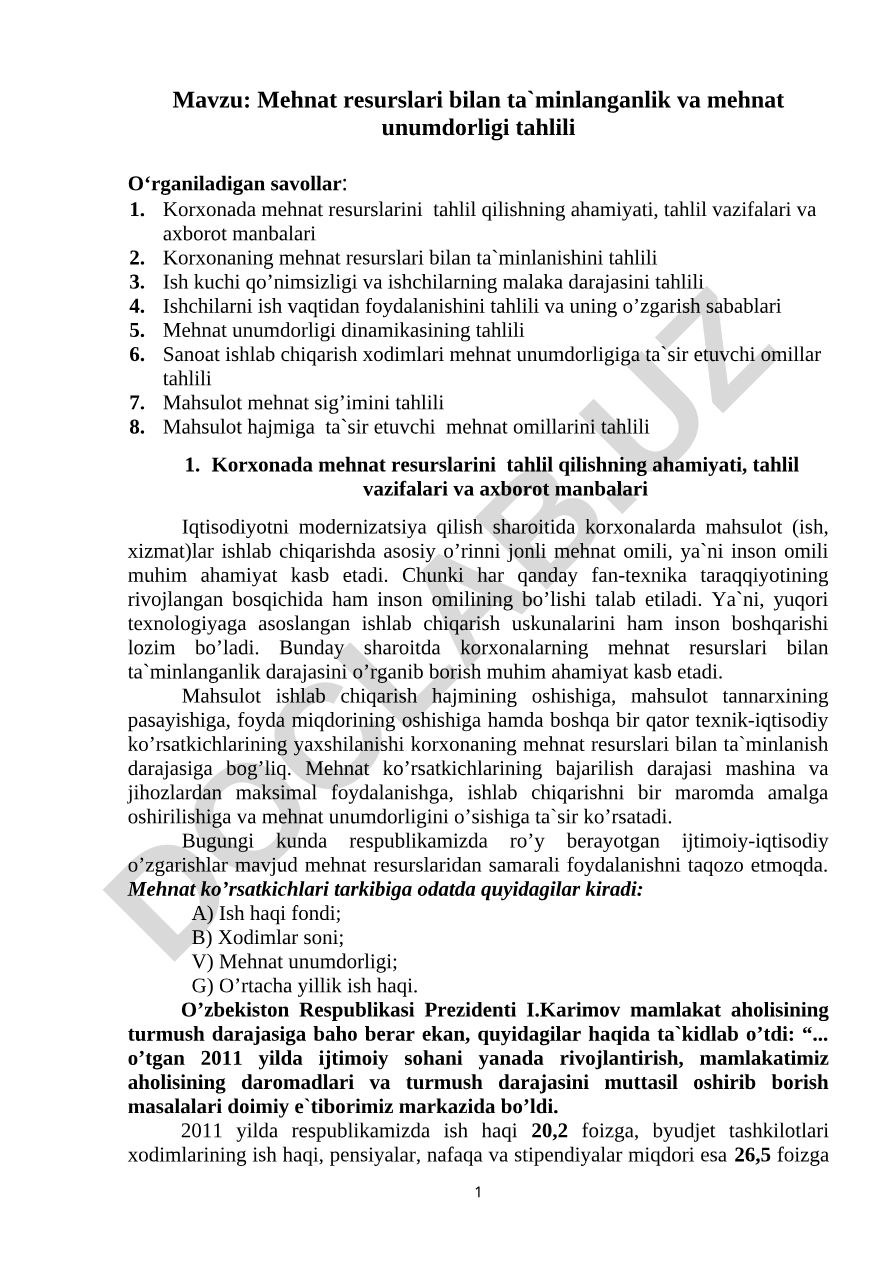 Mehnat resurslari bilan ta`minlanganlik va mehnat unumdоrligi tahlili