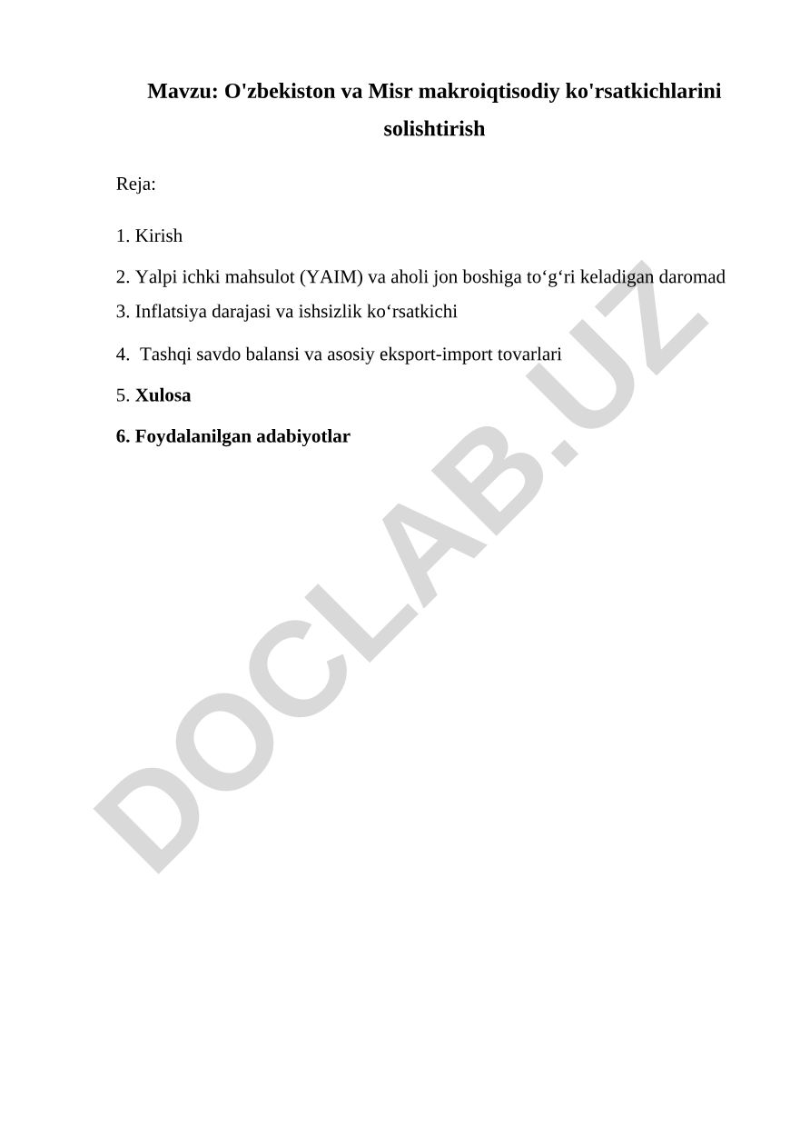 O'zbekiston va Misr makroiqtisodiy ko'rsatkichlarini solishtirish