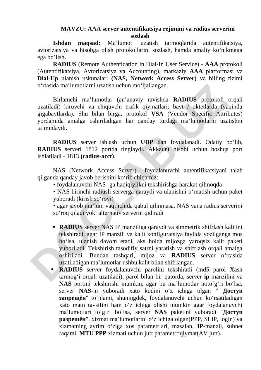 AAA server autentifikatsiya rejimini va radius serverini sozlash
