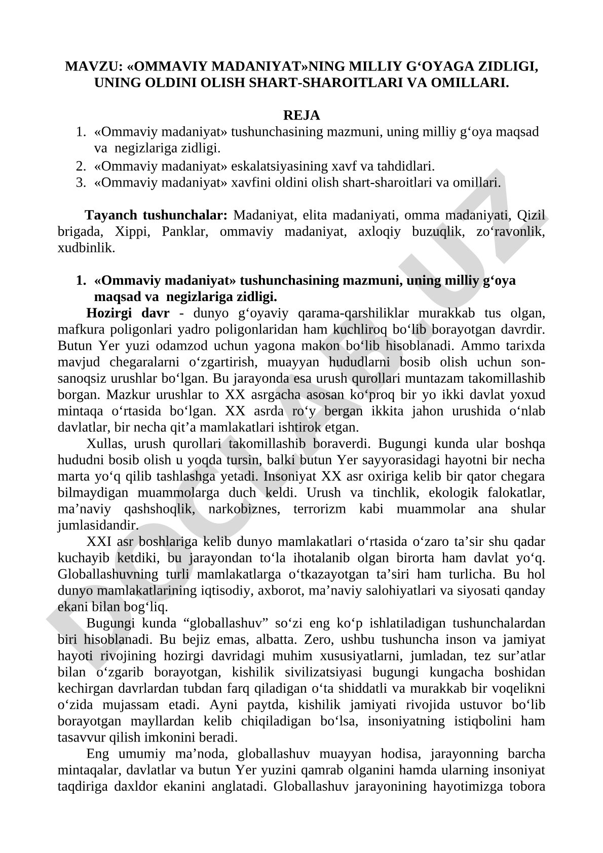 Ommaviy madaniyatning milliy g'oyaga zidligi, uning oldini olish shart-sharoitlari va omillari