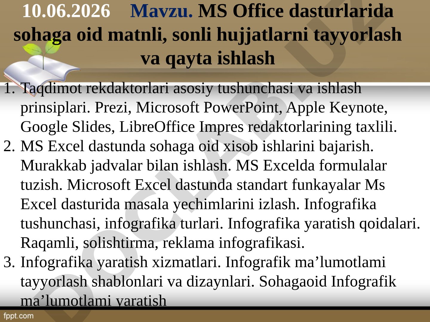 MS Office dasturlarida sohaga oid matnli, sonli hujjatlarni tayyorlash va qayta ishlash