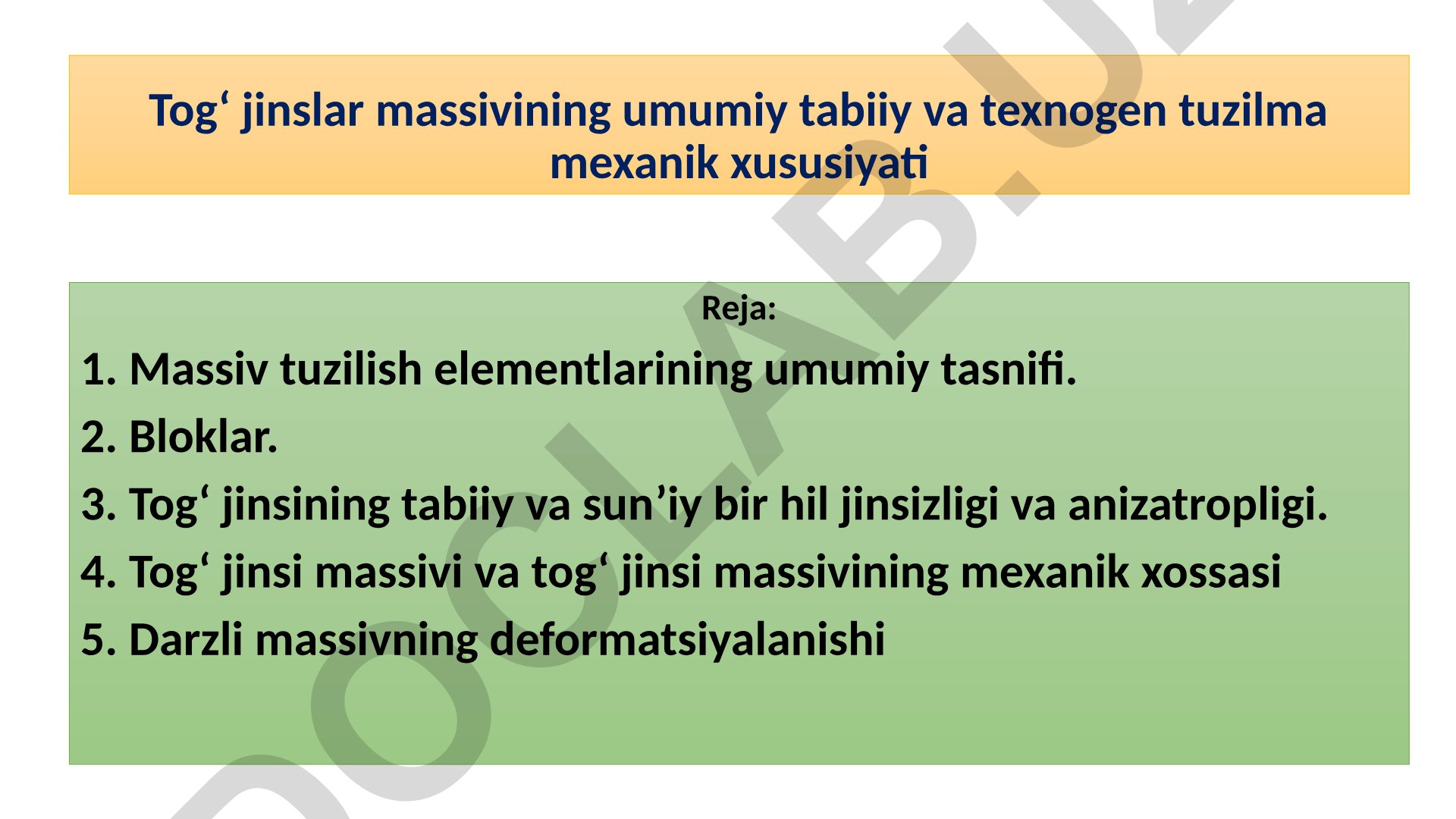 Tog‘ jinslar massivining umumiy tabiiy va texnogen tuzilma mexanik xususiyati