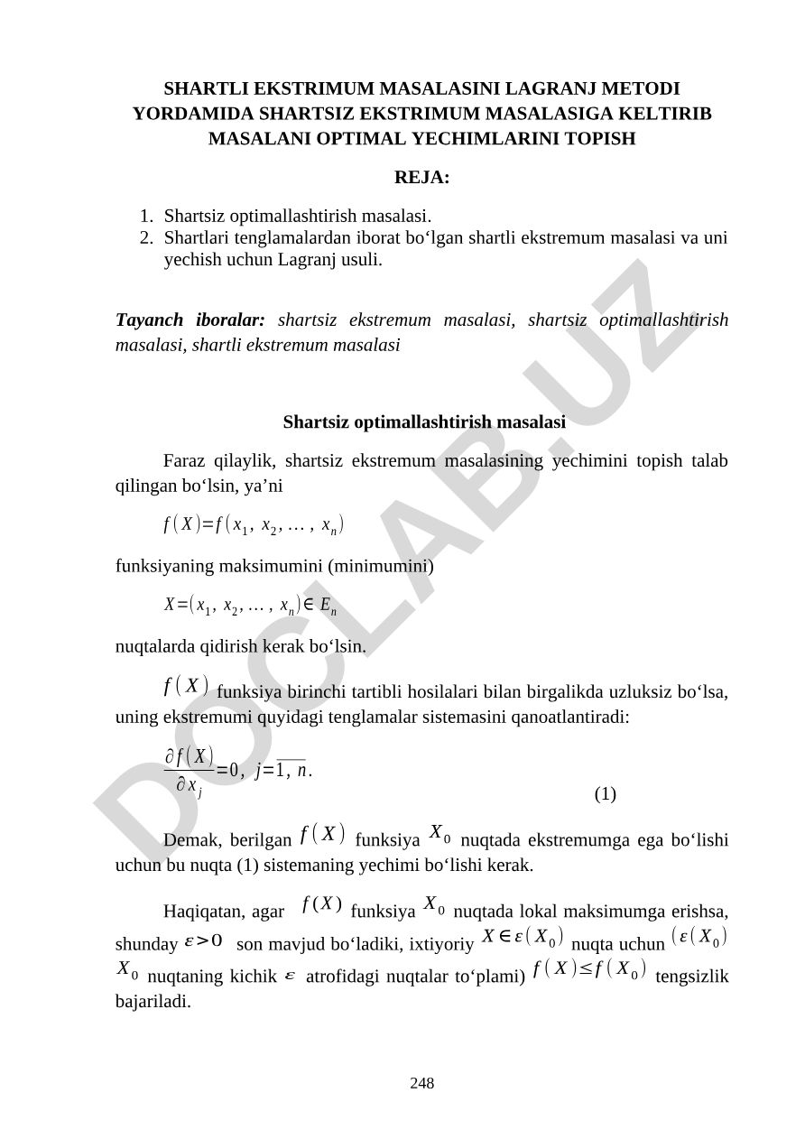 Shartli ekstremum masalasini Lagranj metodida shartsiz ekstremum masalasiga keltirish