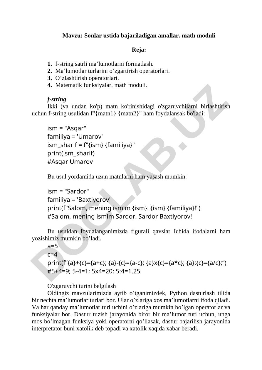 Sonlar ustida bajariladigan amallar. math moduli