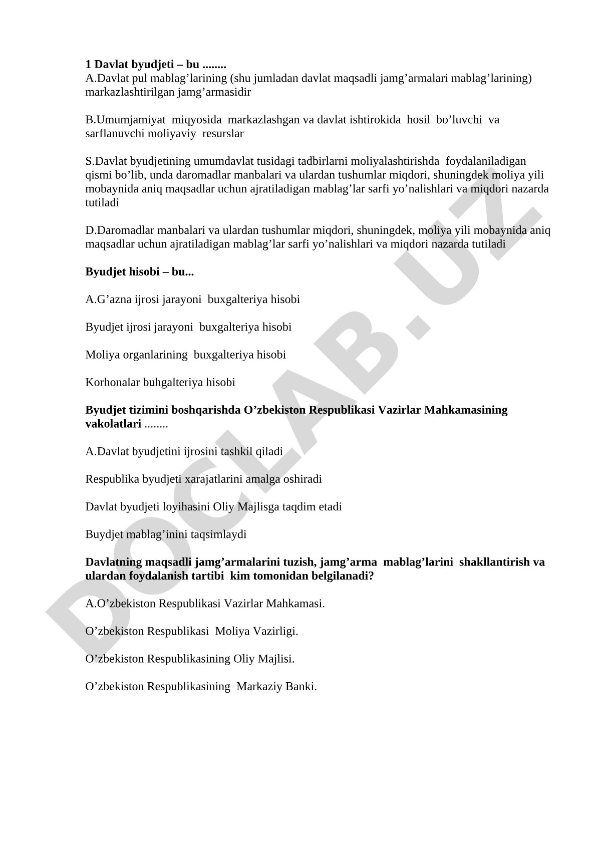 Davlat byudjeti test savollari
