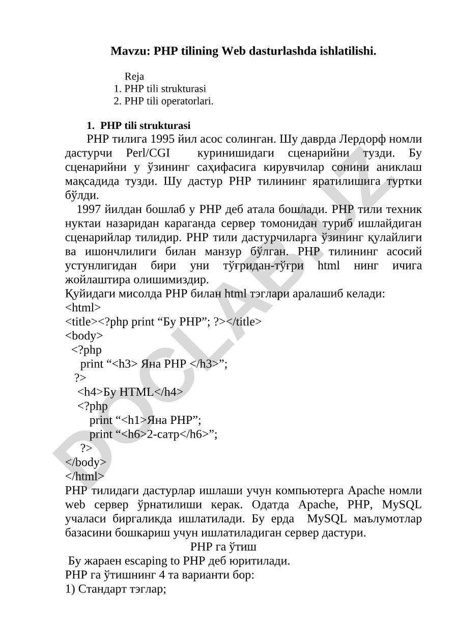 PHP tilining Web dasturlashda ishlatilishi