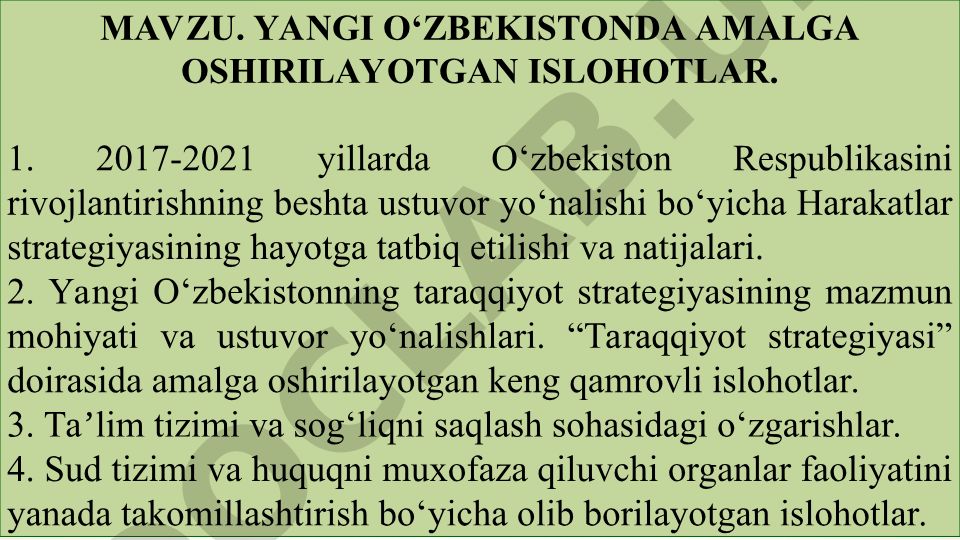 Yangi O‘zbekistonda amalga oshirilayotgan islohotlar