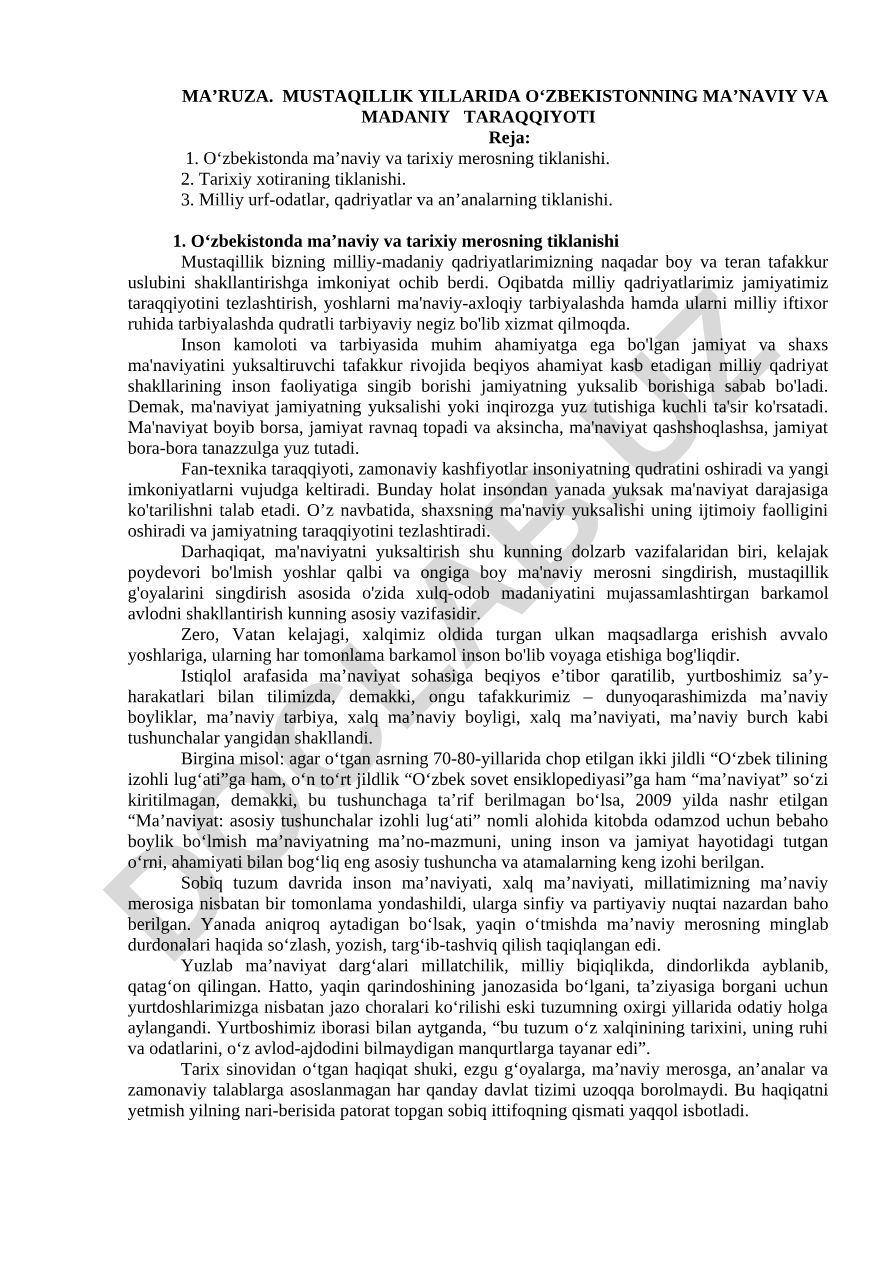 Mustaqillik yillarida O'zbekistonning ma'naviy va madaniy taraqqiyoti