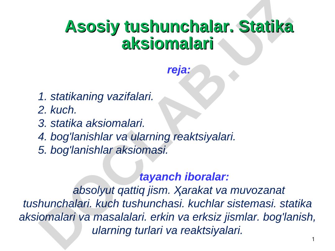 Nazariy mexanika statika aksiomalari va asosiy tushunchalar