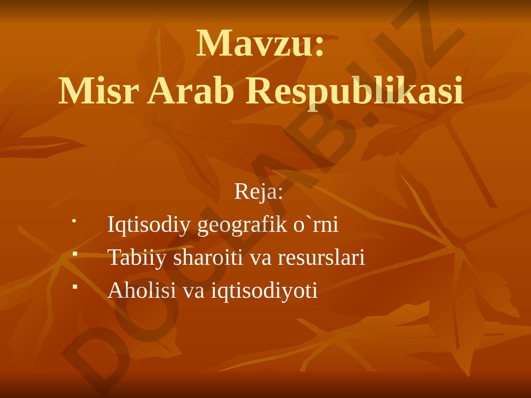 Misr Arab Respublikasi Reja: Iqtisodiy geografik o`rni Tabiiy sharoiti va resurslari Aholisi va iqtisodiyoti