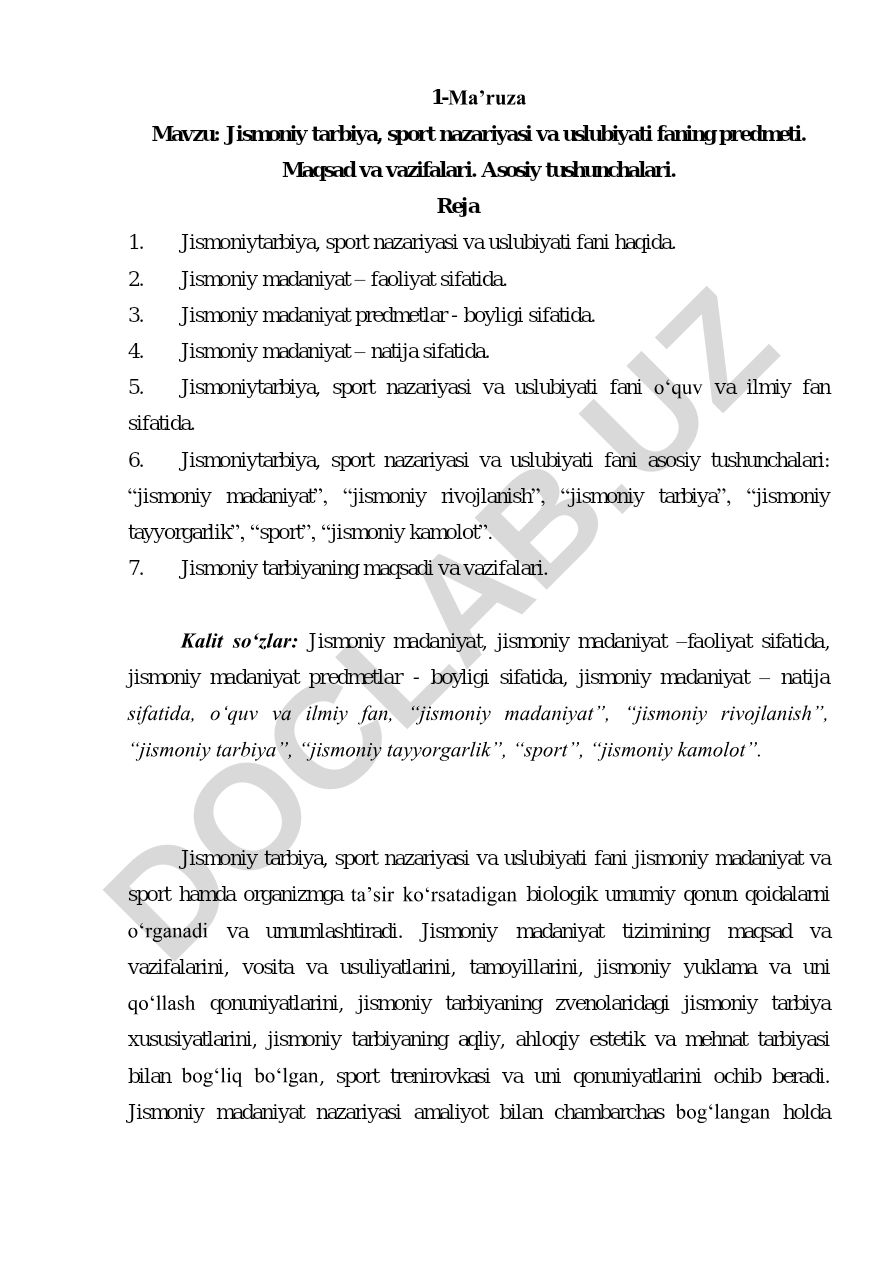 Jismoniy tarbiya, sport nazariyasi va uslubiyati faning predmeti, maqsad va vazifalari