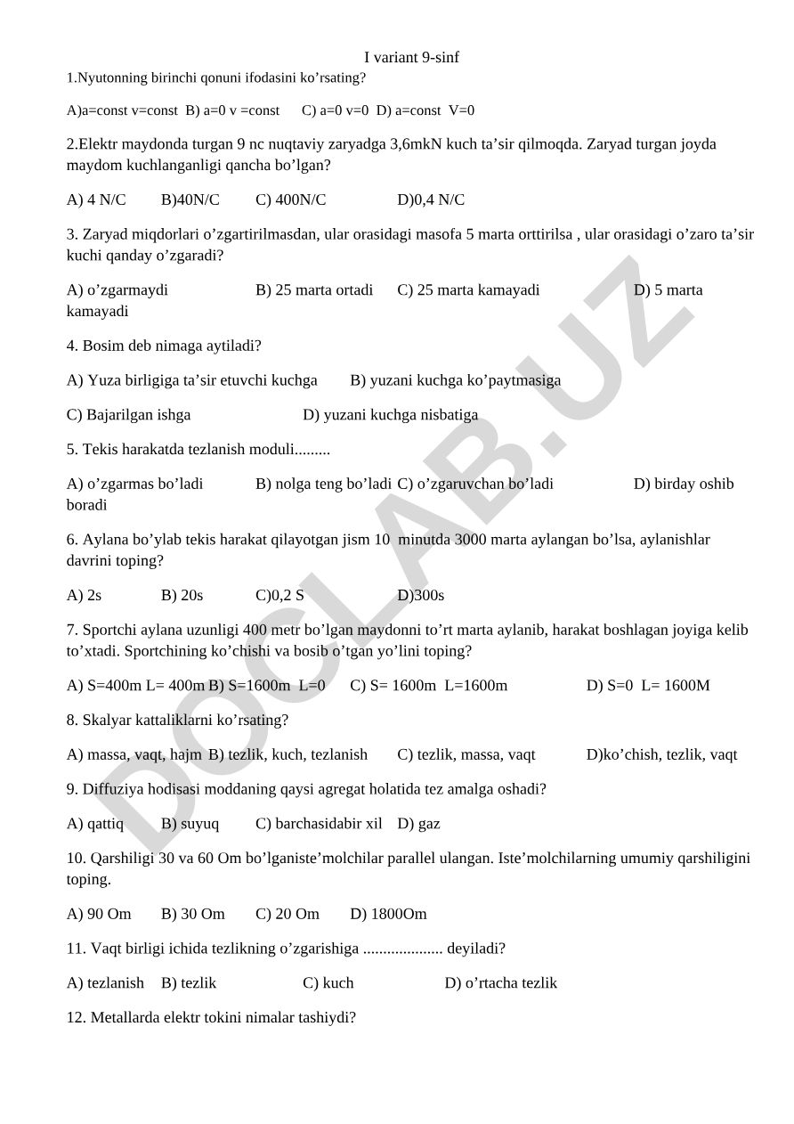 9-sinf fizika fanidan test savollari