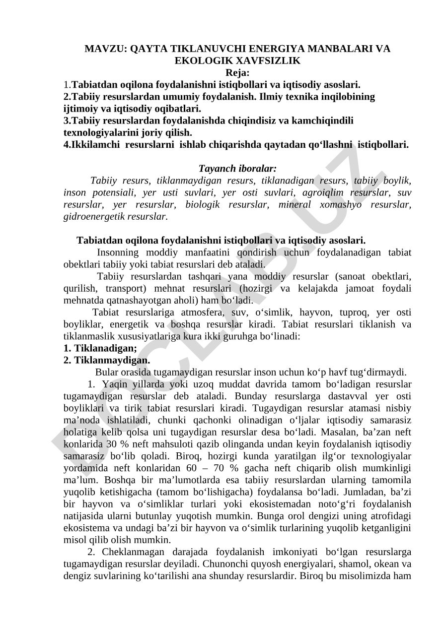 Qayta tiklanuvchi energiya manbalari va ekologik xavfsizlik