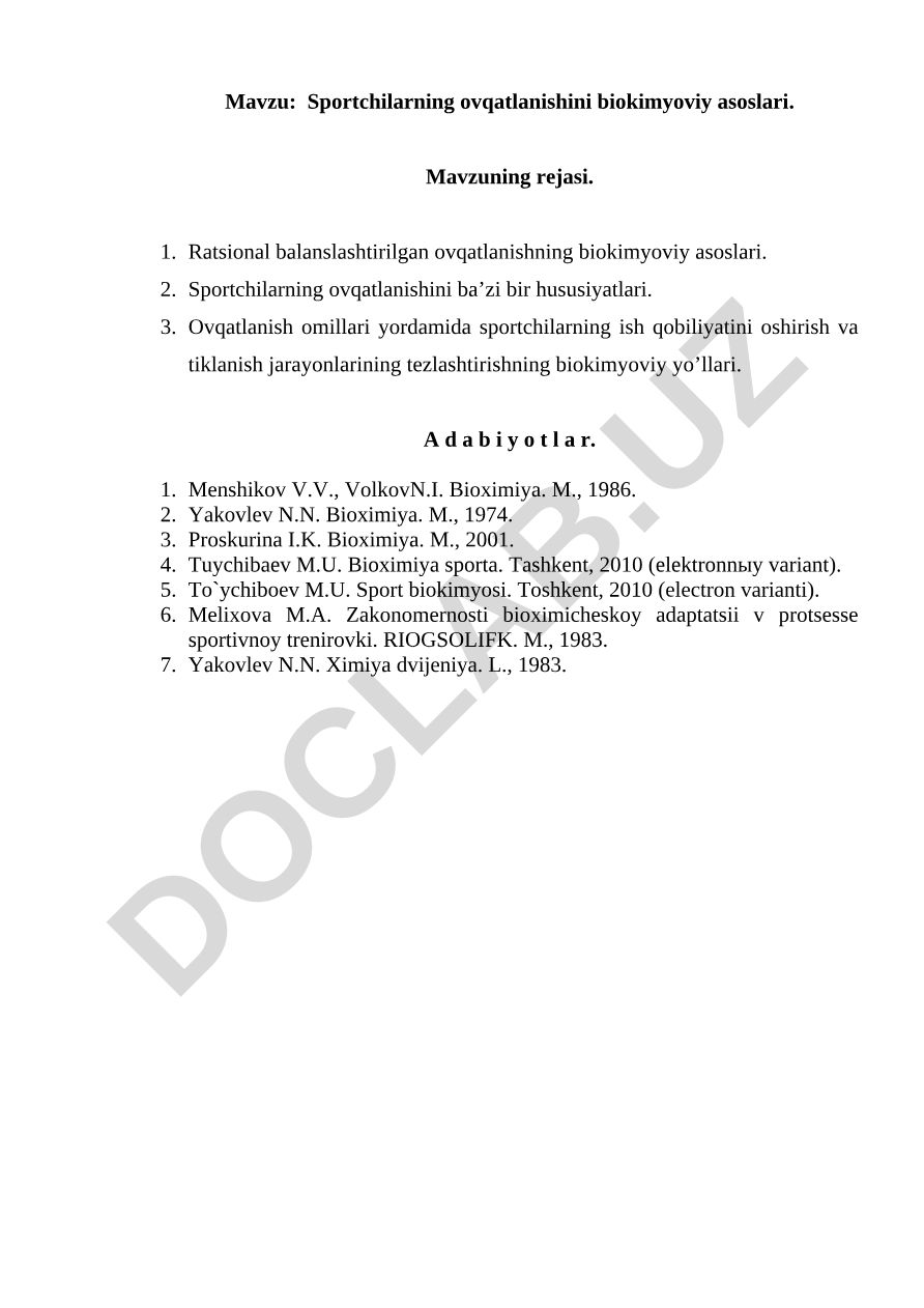 Sportchilarning ovqatlanishini biokimyoviy asoslari