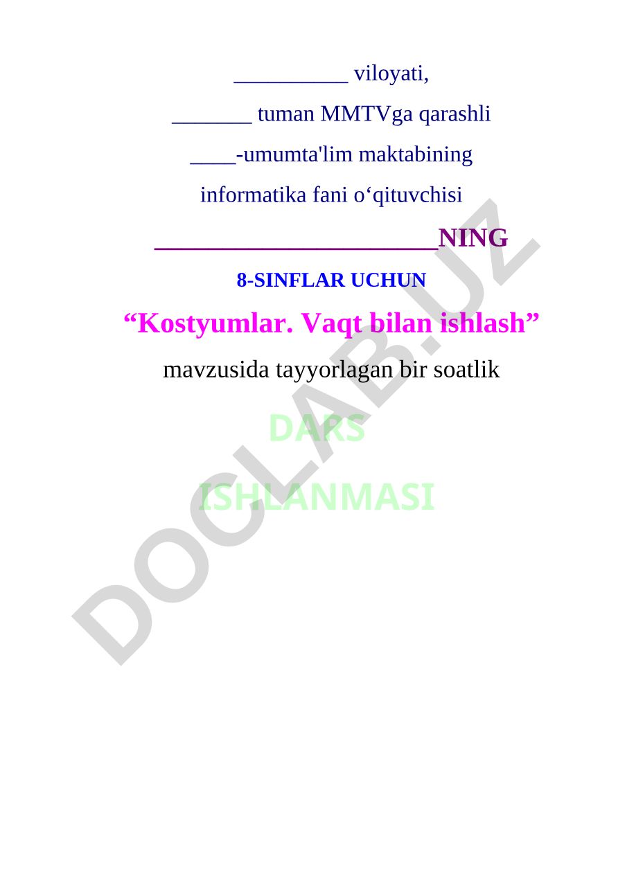 Kostyumlar. Vaqt bilan ishlash