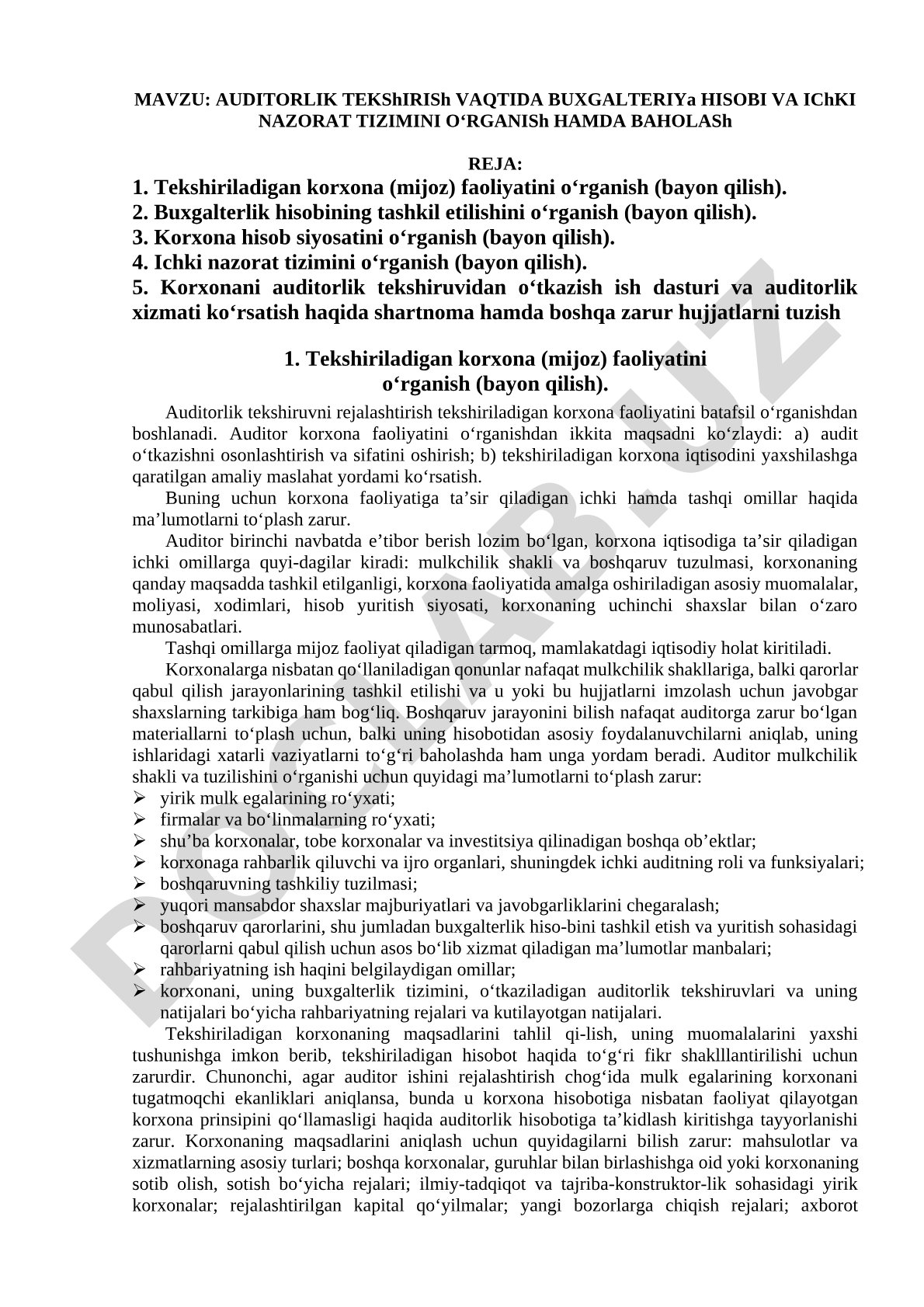 AUDITORLIK TEKShIRISh VAQTIDA BUXGALTERIYa HISOBI VA IChKI NAZORAT TIZIMINI O‘RGANISh HAMDA BAHOLASh