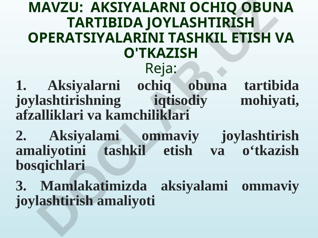 Aksiyalarni ochiq obuna tartibida joylashtirish operatsiyalarini tashkil etish va o'tkazish
