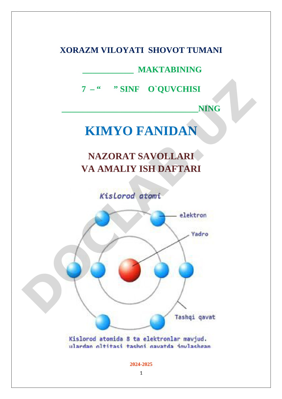Kimyo fanidan amaliy ish daftari
