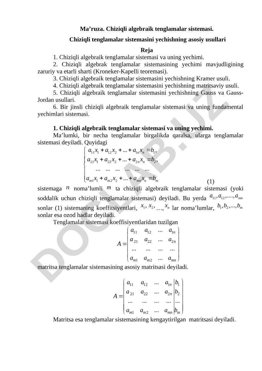 Chiziqli algebraik tenglamalar sistemasi va uning yechish usullari