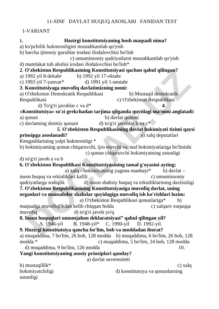 Davlat huquq asoslari fanidan test savollari