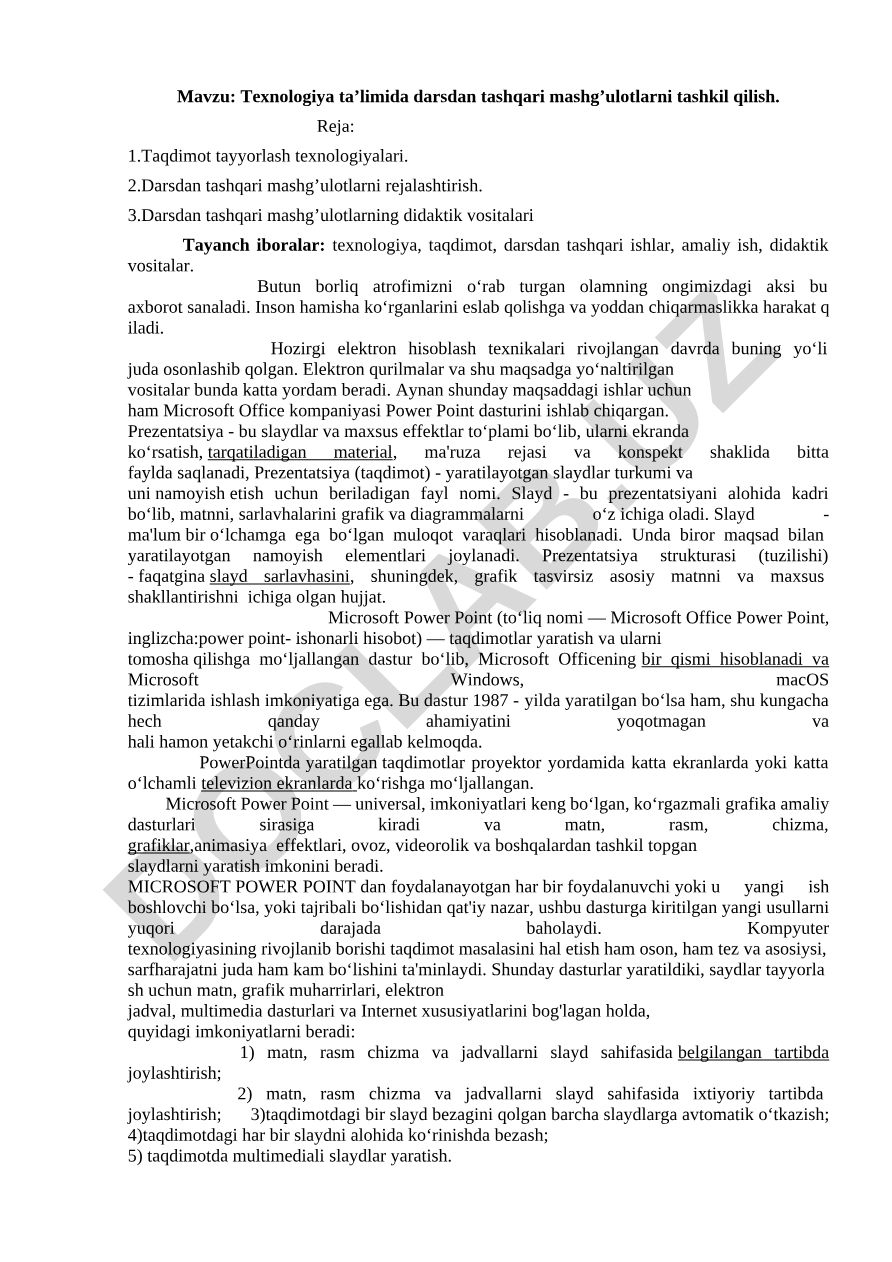 Texnologiya ta’limida darsdan tashqari mashg’ulotlarni tashkil qilish
