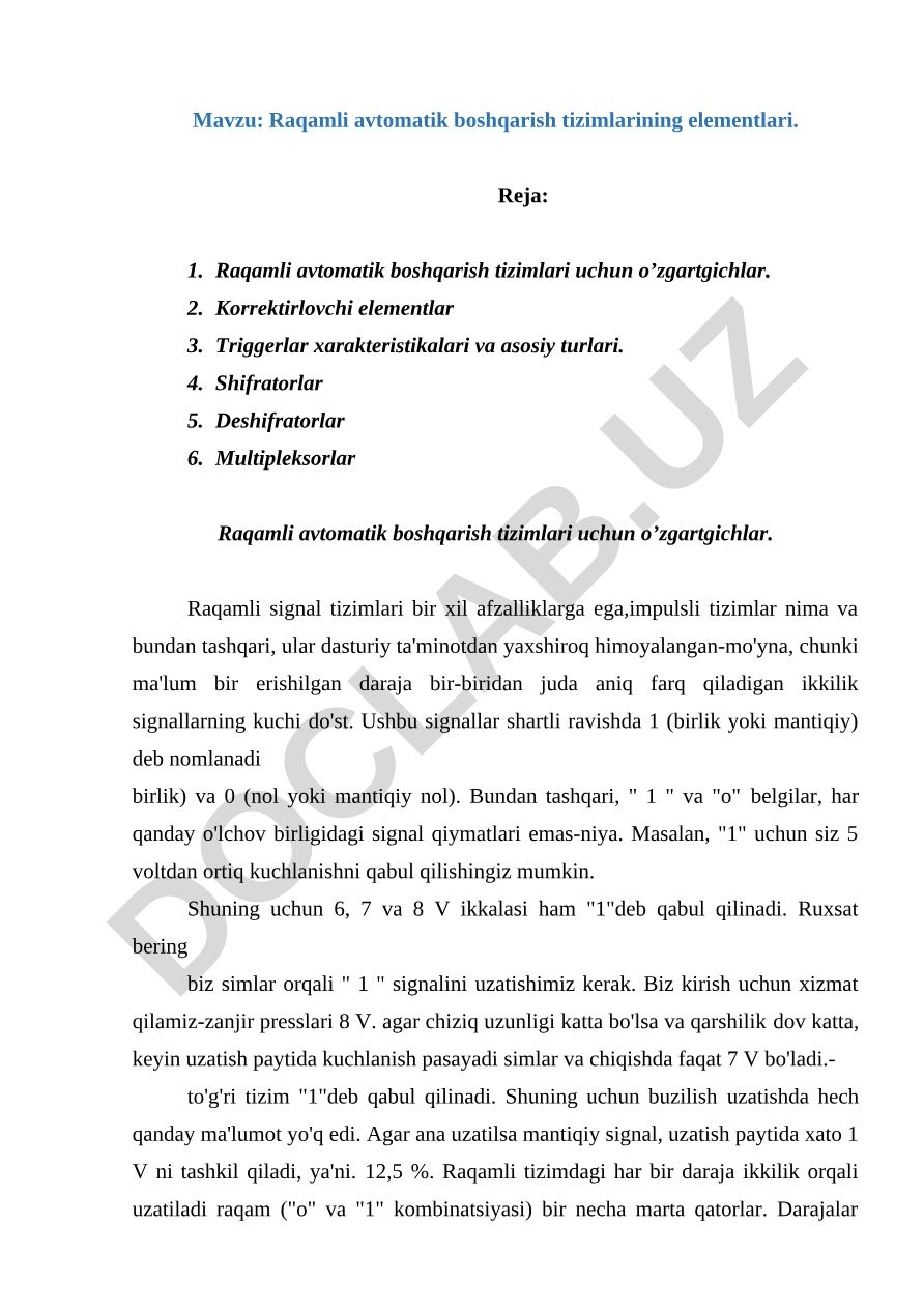 Raqamli avtomatik boshqarish tizimlarining elementlari