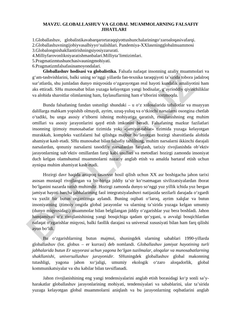 Globallashuv va global muammolarning falsafiy jihatlari
