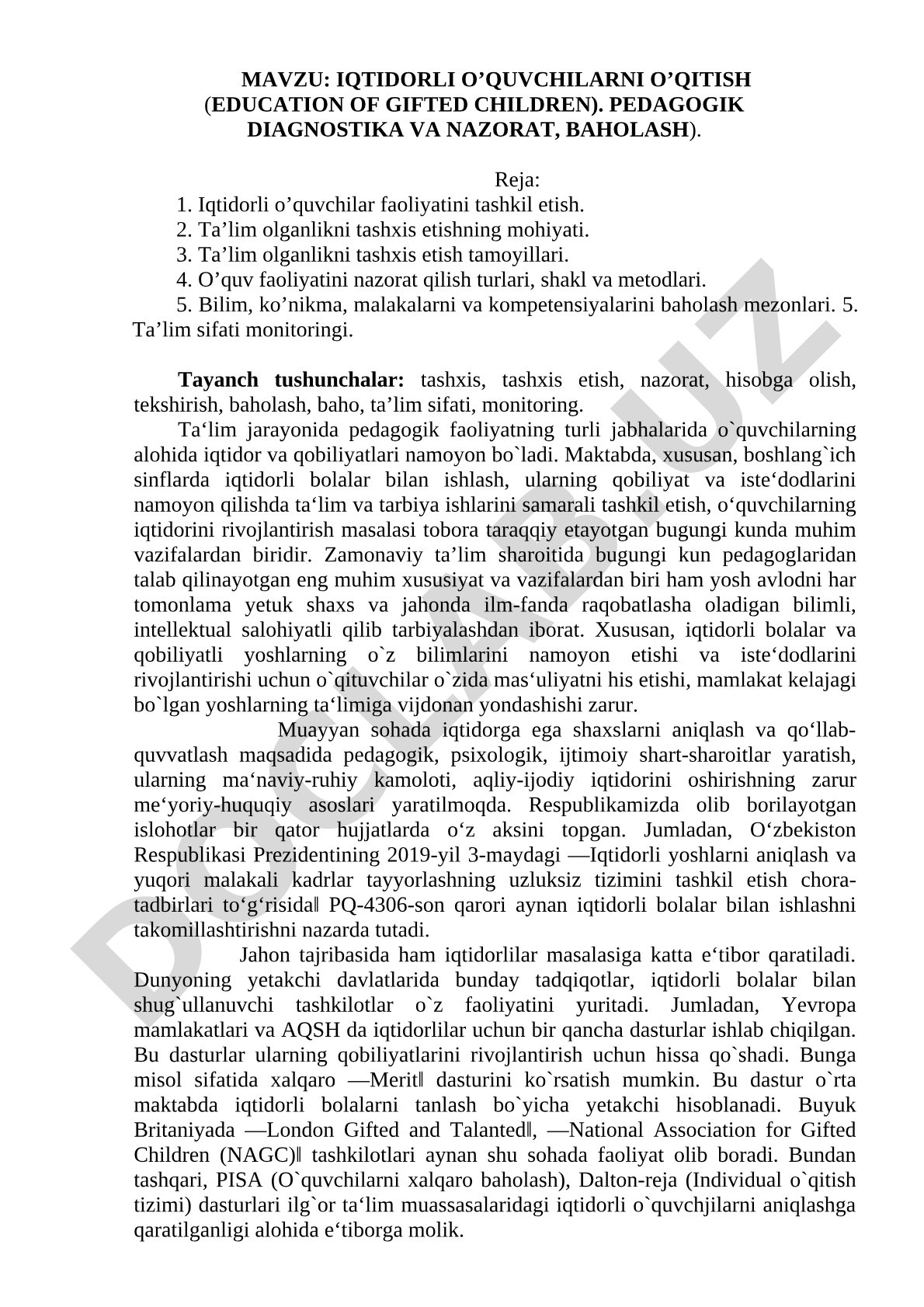 Iqtidorli o'quvchilarni o'qitish: pedagogik diagnostika va nazorat, baholash
