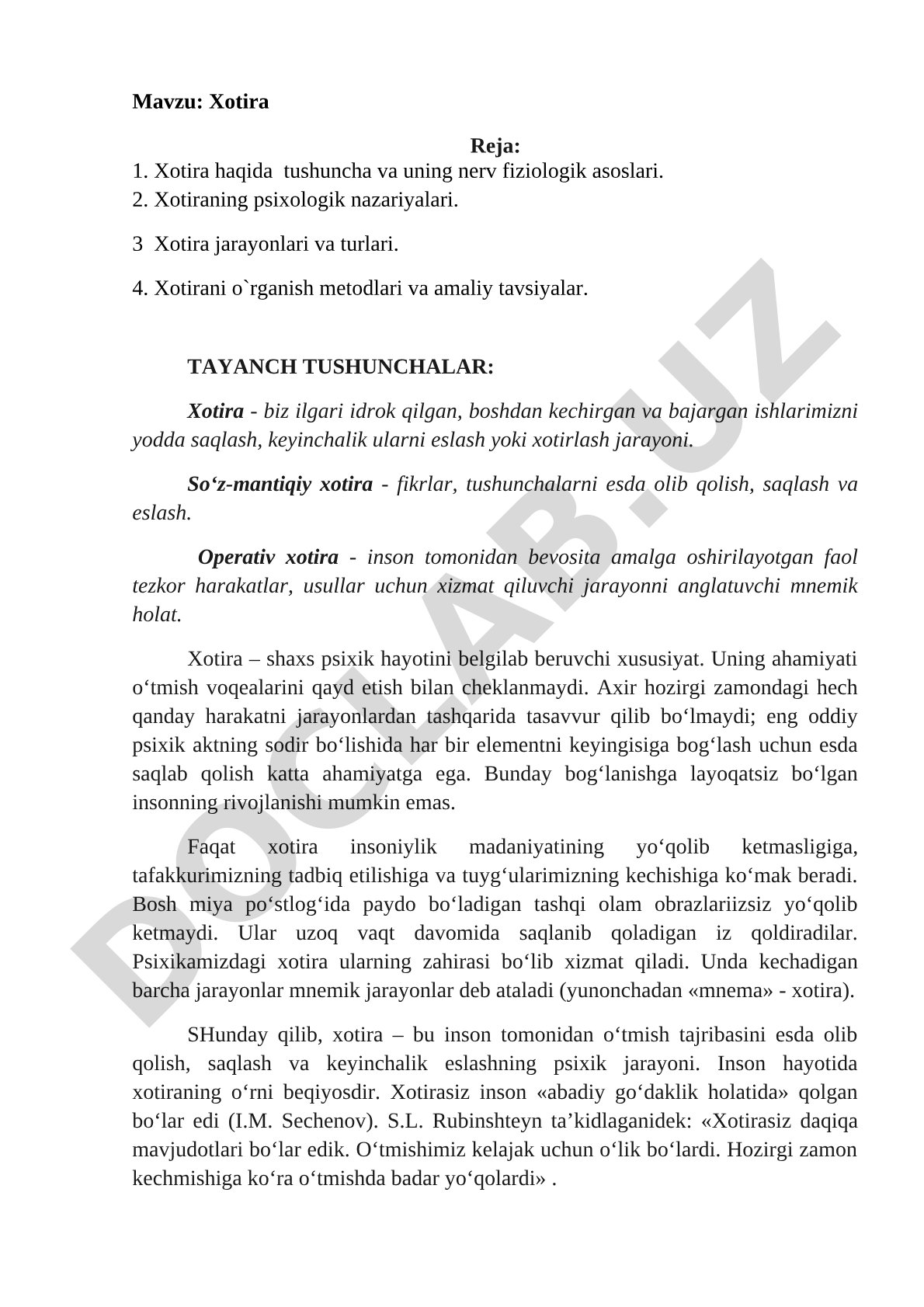 Xotira haqida kurs ishi