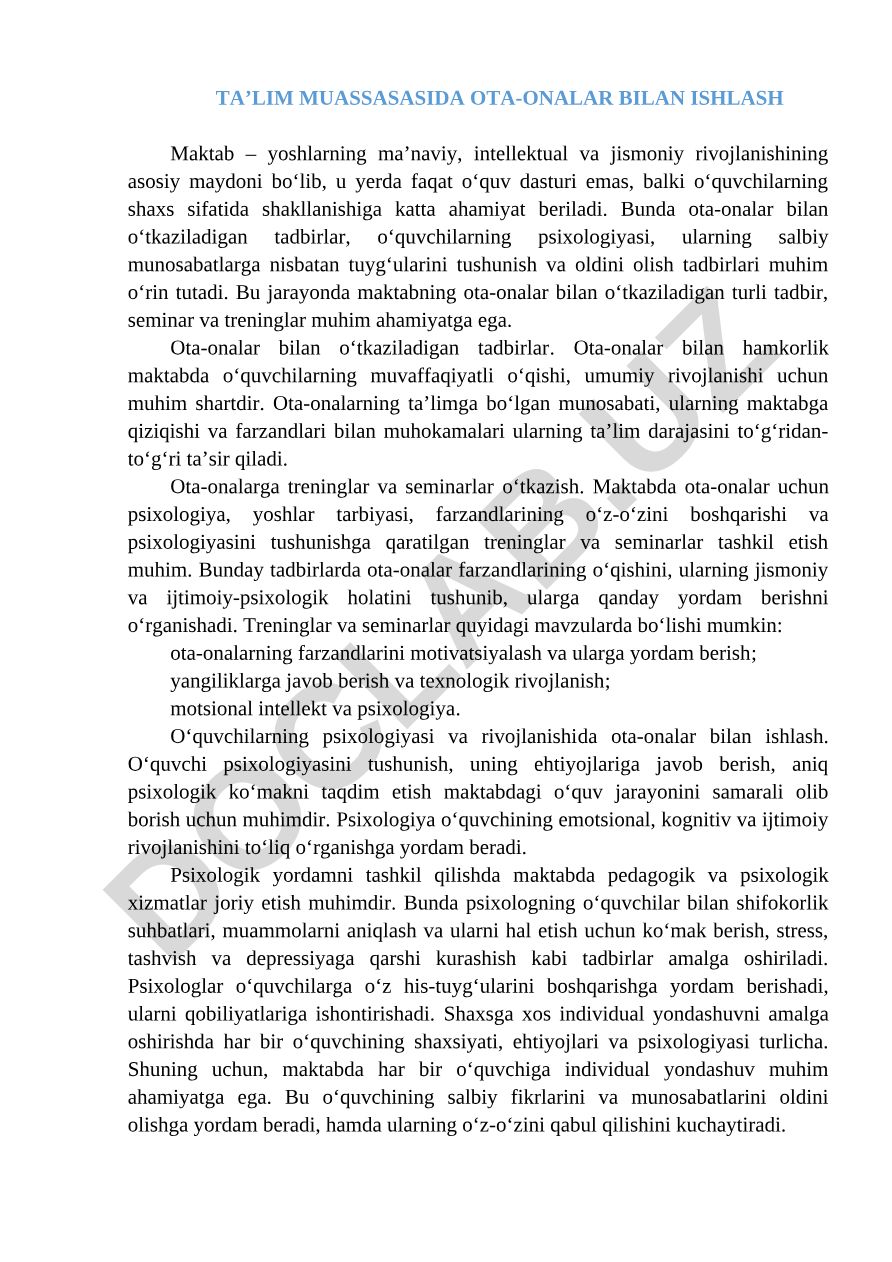 Maktabda ota-onalar bilan ishlash va hamkorlikni rivojlantirish