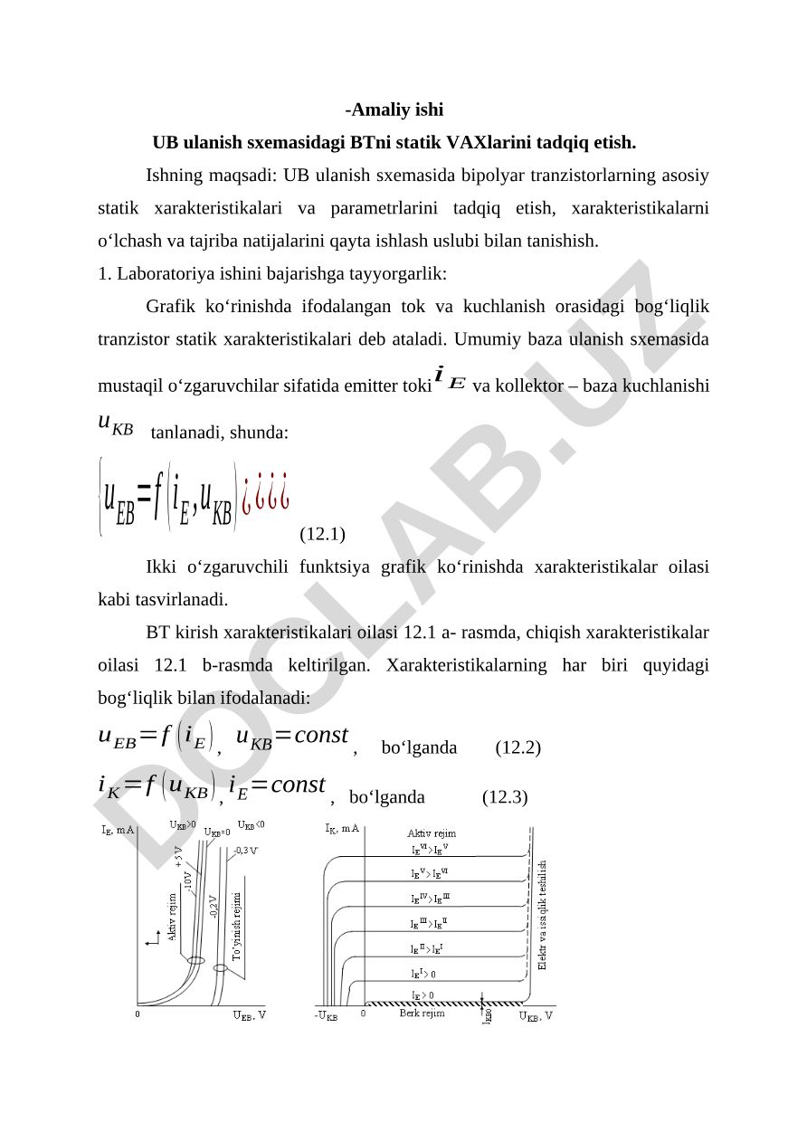 UB ulanish sxemasidagi bipolyar tranzistorlarning statik xarakteristikalari