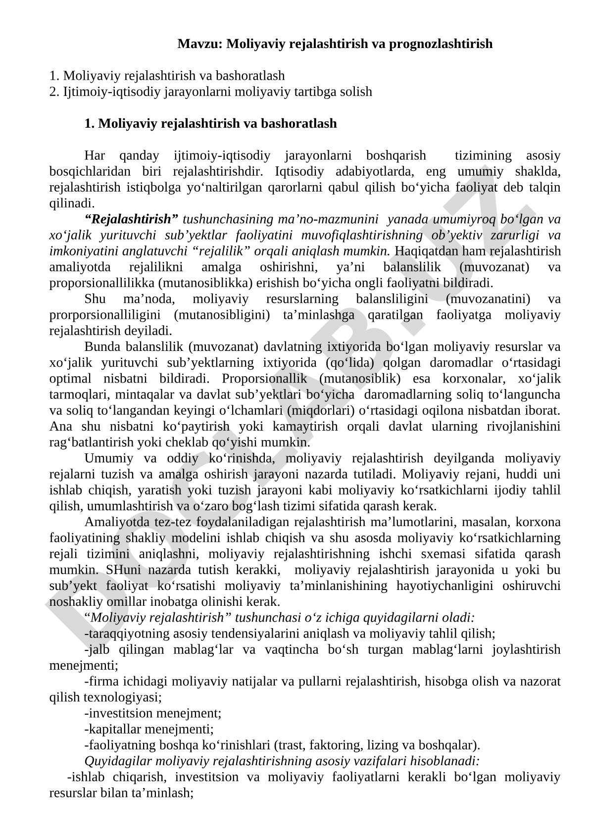Moliyaviy rejalashtirish kurs ishi