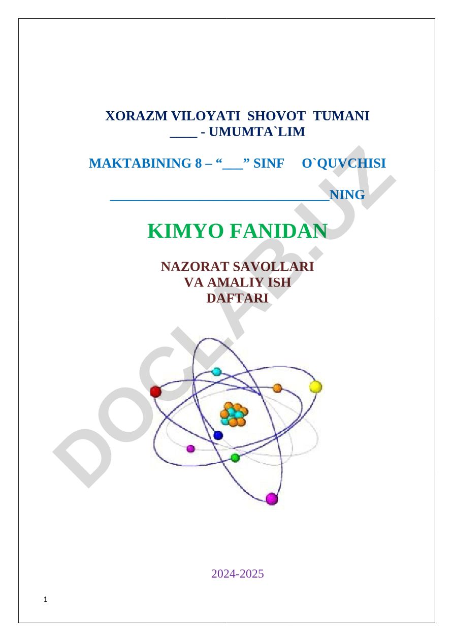 Kimyo fanidan nazorat savollari va amaliy ish daftari